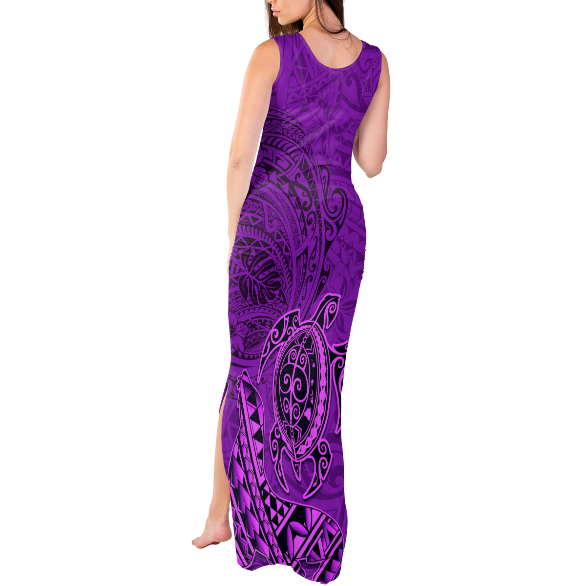 Hawaii Monk Seal and Dolphin Tank Maxi Dress Polynesian Kakau Pattern Purple