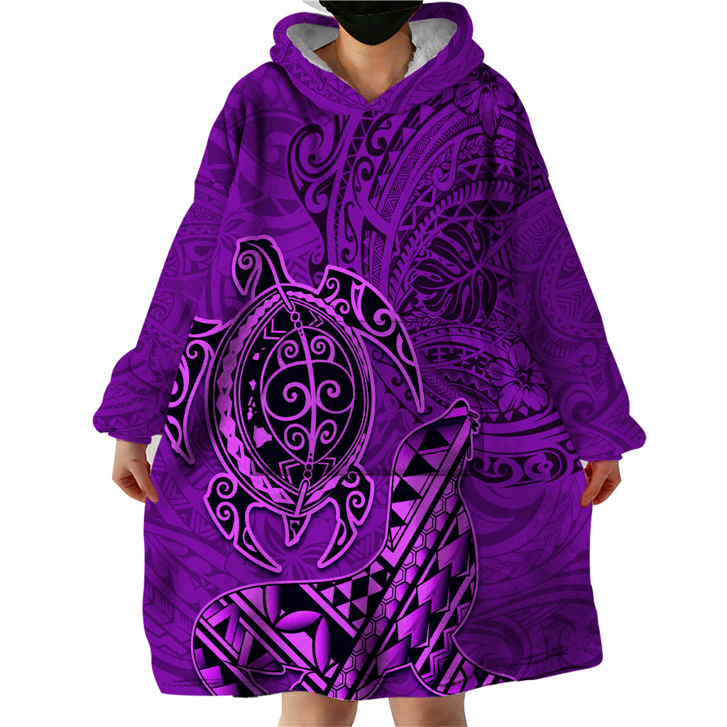 Hawaii Monk Seal and Dolphin Wearable Blanket Hoodie Polynesian Kakau Pattern Purple