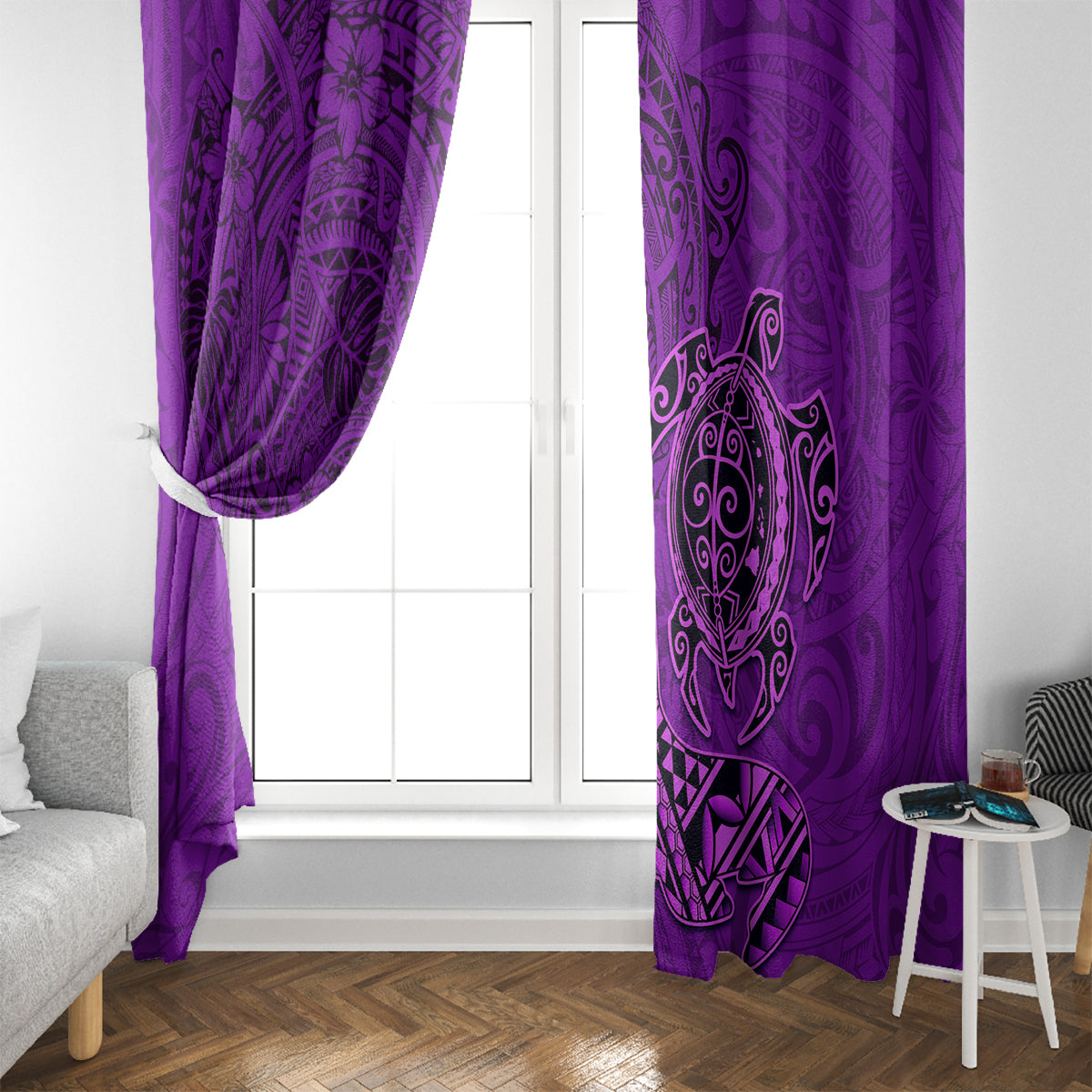 Hawaii Monk Seal and Dolphin Window Curtain Polynesian Kakau Pattern Purple
