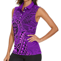 Hawaii Monk Seal and Dolphin Women Sleeveless Polo Shirt Polynesian Kakau Pattern Purple