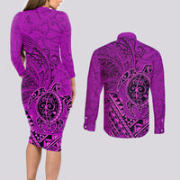 Hawaii Monk Seal and Dolphin Couples Matching Long Sleeve Bodycon Dress and Long Sleeve Button Shirt Polynesian Kakau Pattern Pink