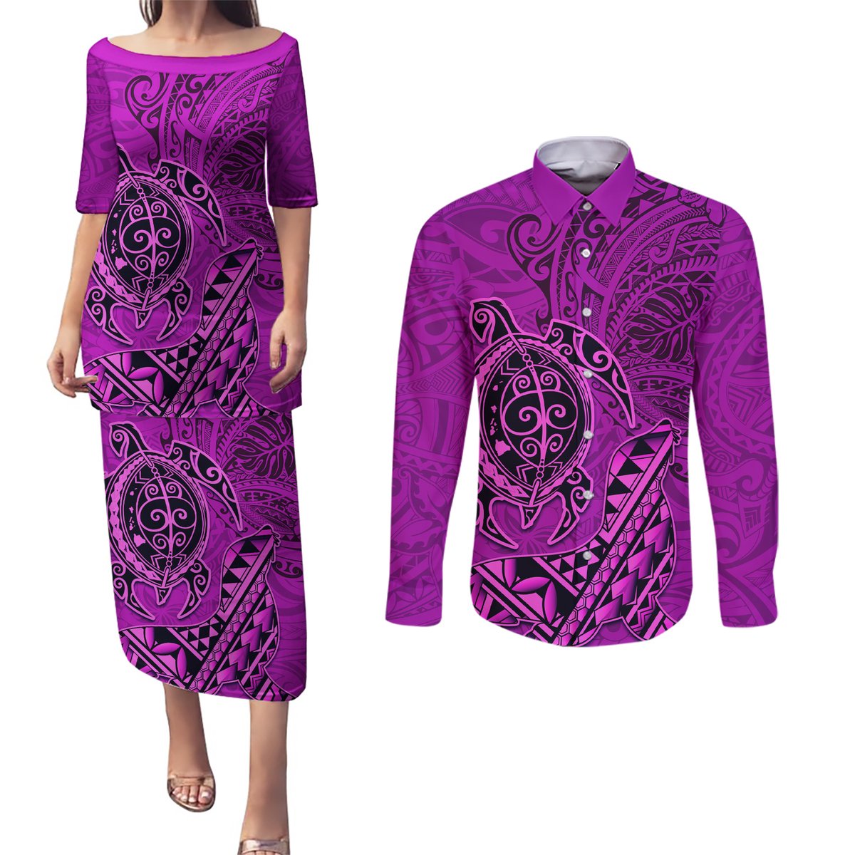 Hawaii Monk Seal and Dolphin Couples Matching Puletasi and Long Sleeve Button Shirt Polynesian Kakau Pattern Pink