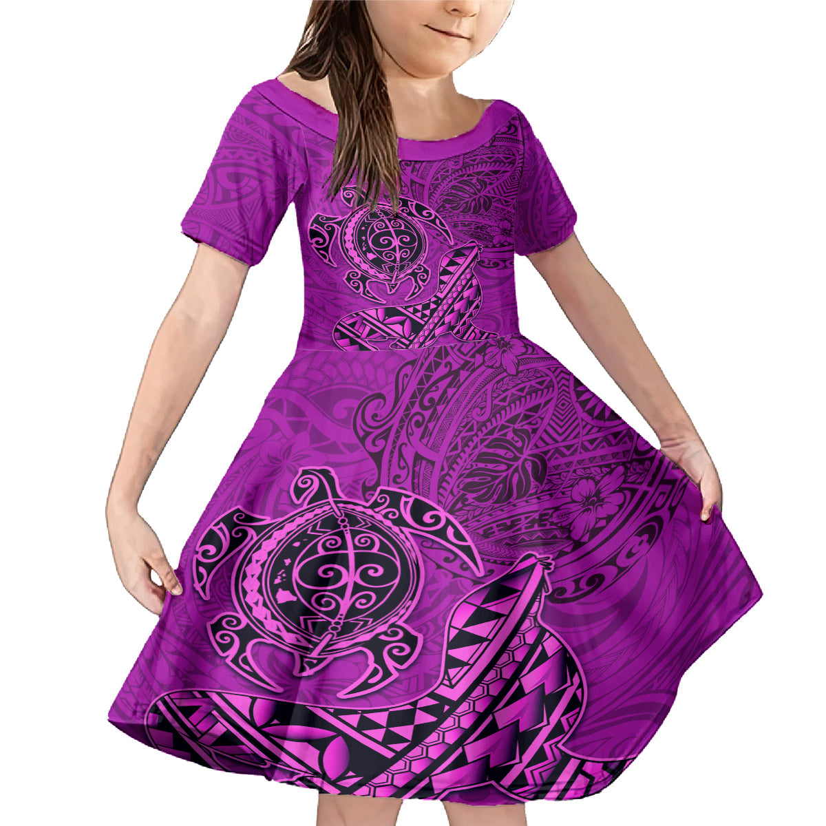 Hawaii Monk Seal and Dolphin Family Matching Mermaid Dress and Hawaiian Shirt Polynesian Kakau Pattern Pink
