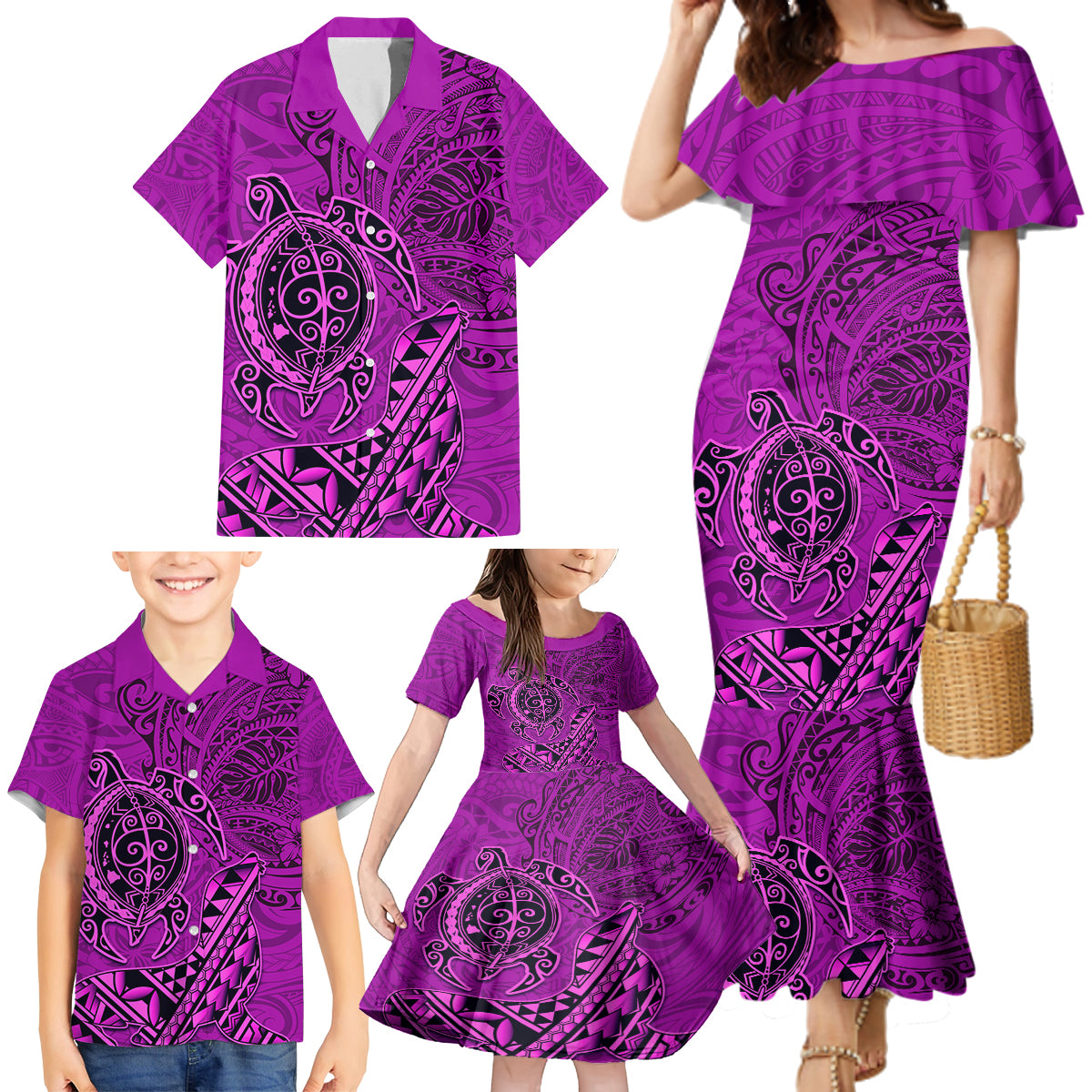Hawaii Monk Seal and Dolphin Family Matching Mermaid Dress and Hawaiian Shirt Polynesian Kakau Pattern Pink