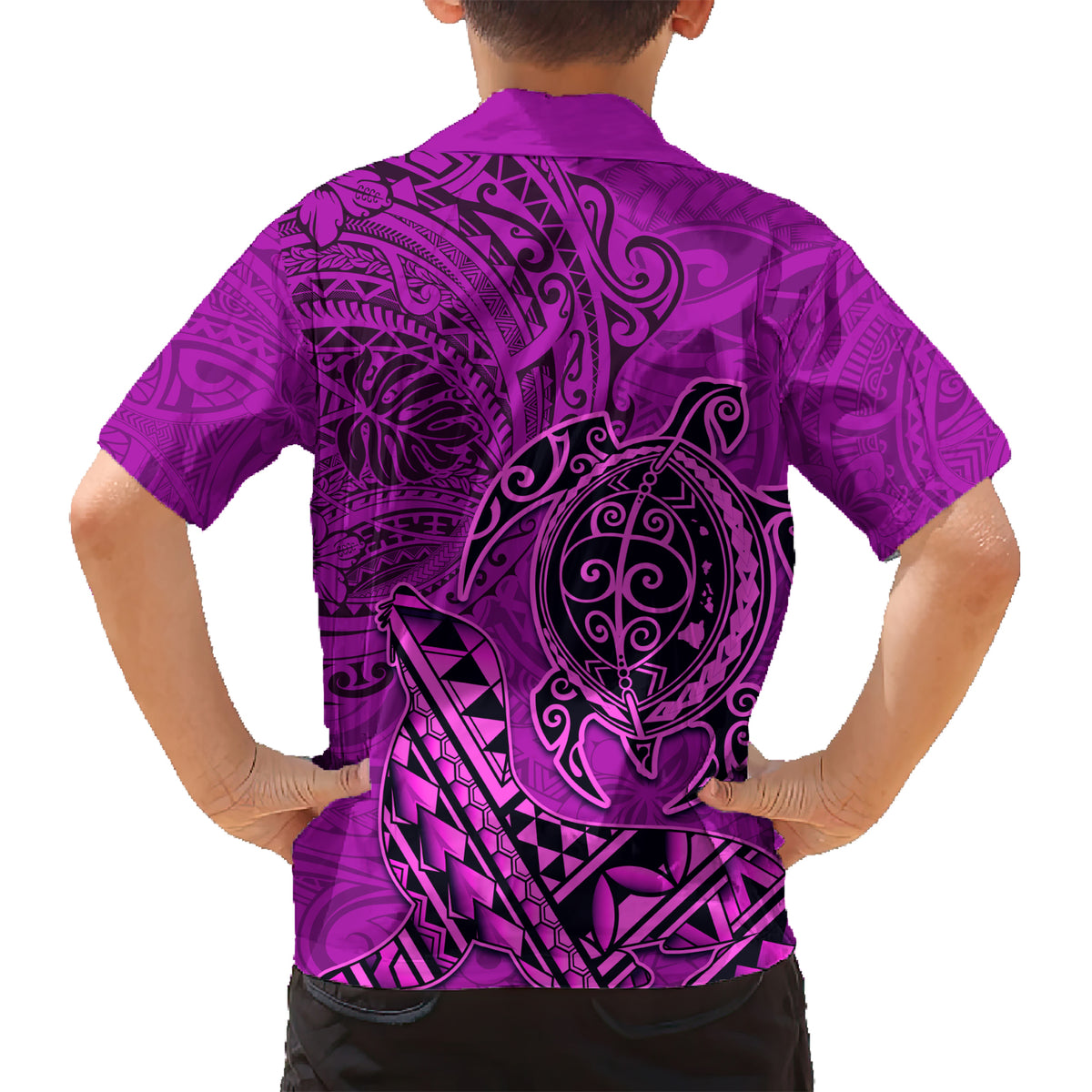Hawaii Monk Seal and Dolphin Kid Hawaiian Shirt Polynesian Kakau Pattern Pink