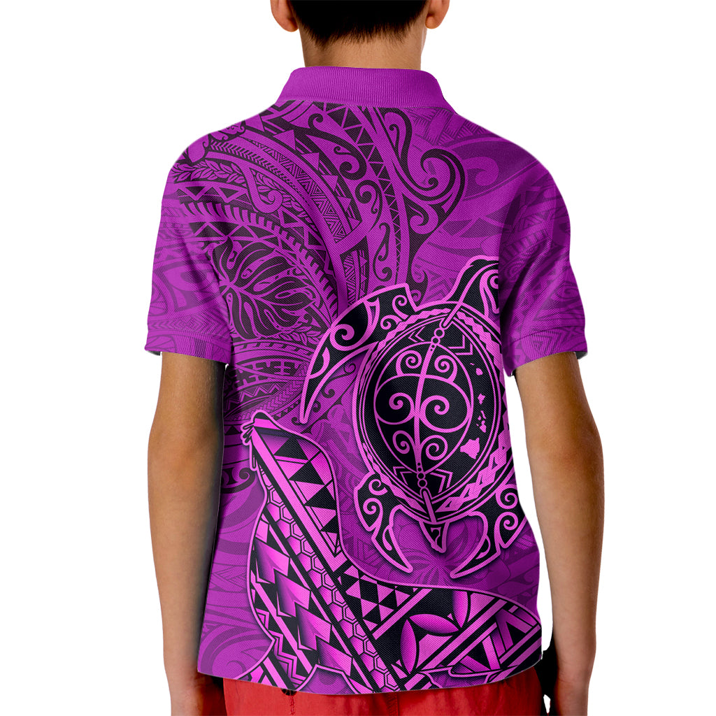 Hawaii Monk Seal and Dolphin Kid Polo Shirt Polynesian Kakau Pattern Pink