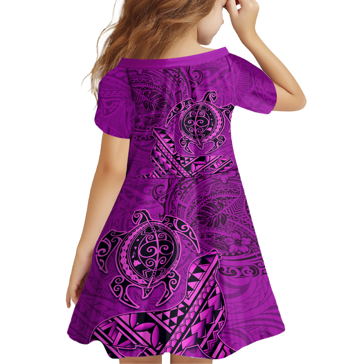 Hawaii Monk Seal and Dolphin Kid Short Sleeve Dress Polynesian Kakau Pattern Pink