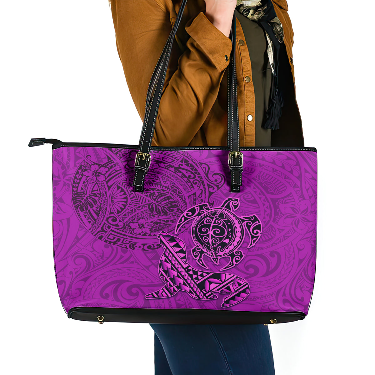 Hawaii Monk Seal and Dolphin Leather Tote Bag Polynesian Kakau Pattern Pink