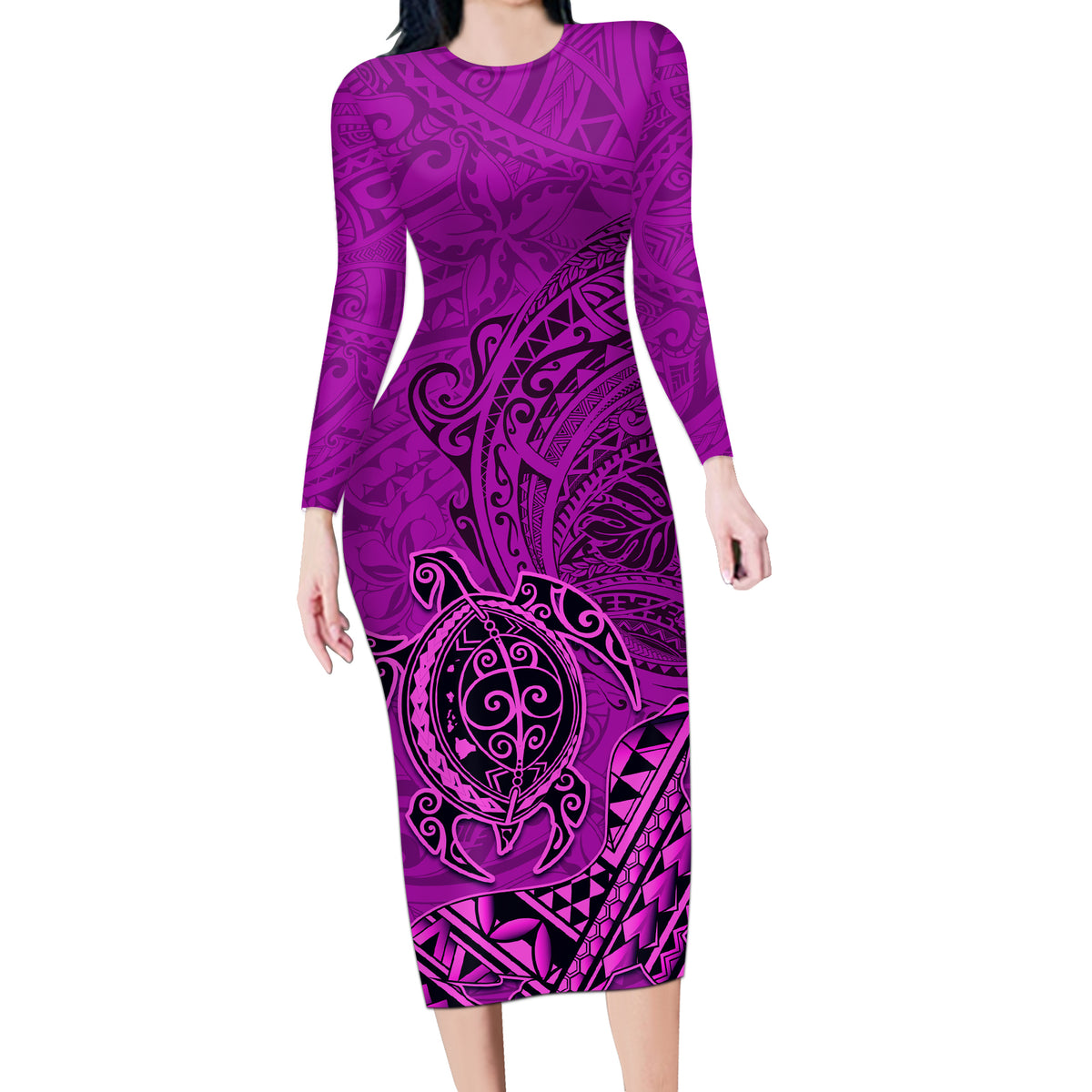 Hawaii Monk Seal and Dolphin Long Sleeve Bodycon Dress Polynesian Kakau Pattern Pink