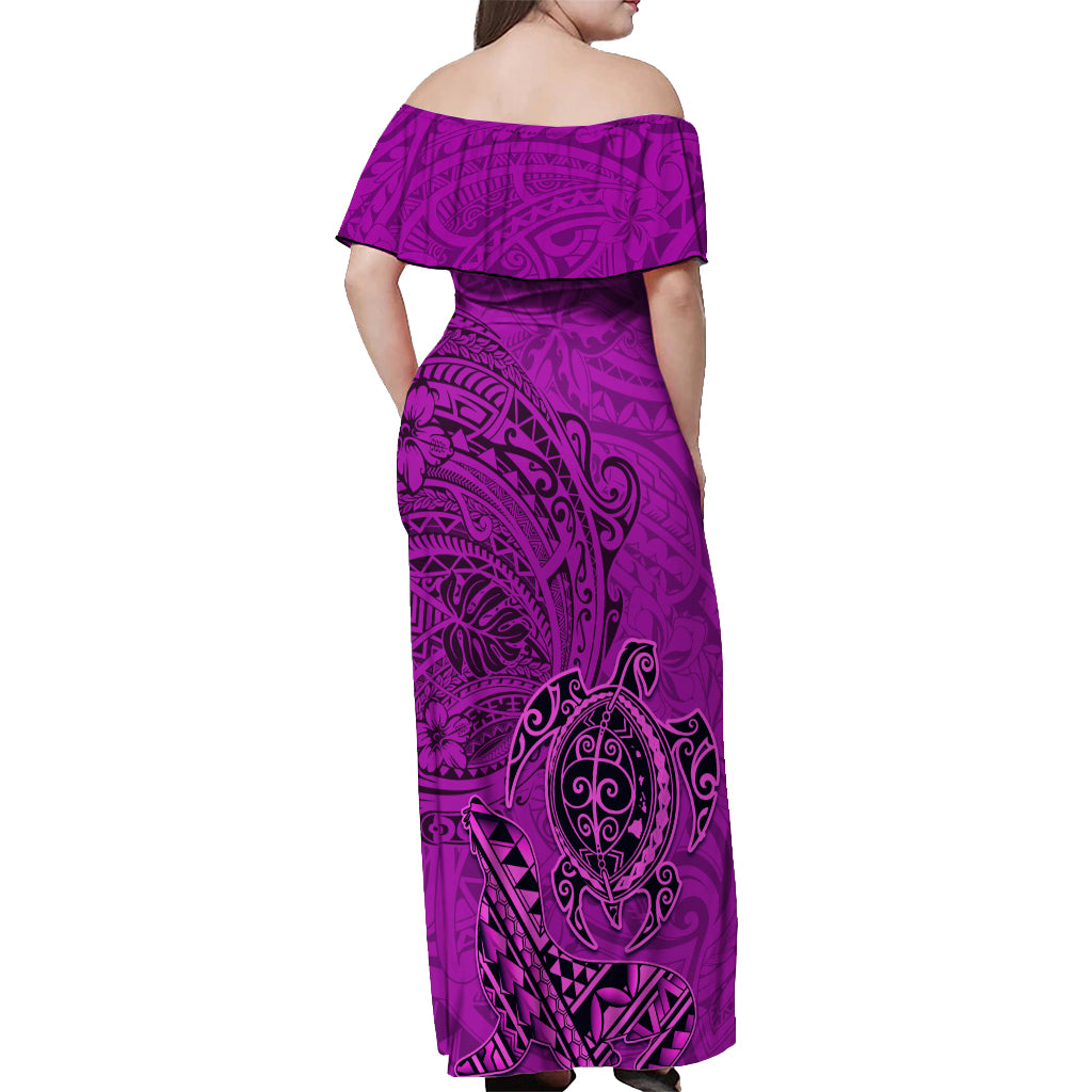 Hawaii Monk Seal and Dolphin Off Shoulder Maxi Dress Polynesian Kakau Pattern Pink