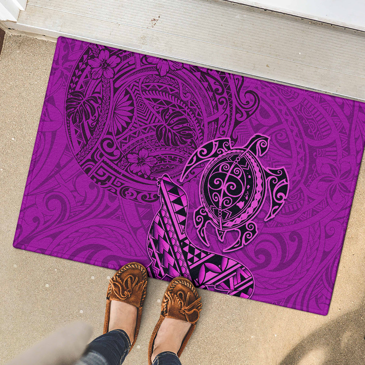 Hawaii Monk Seal and Dolphin Rubber Doormat Polynesian Kakau Pattern Pink