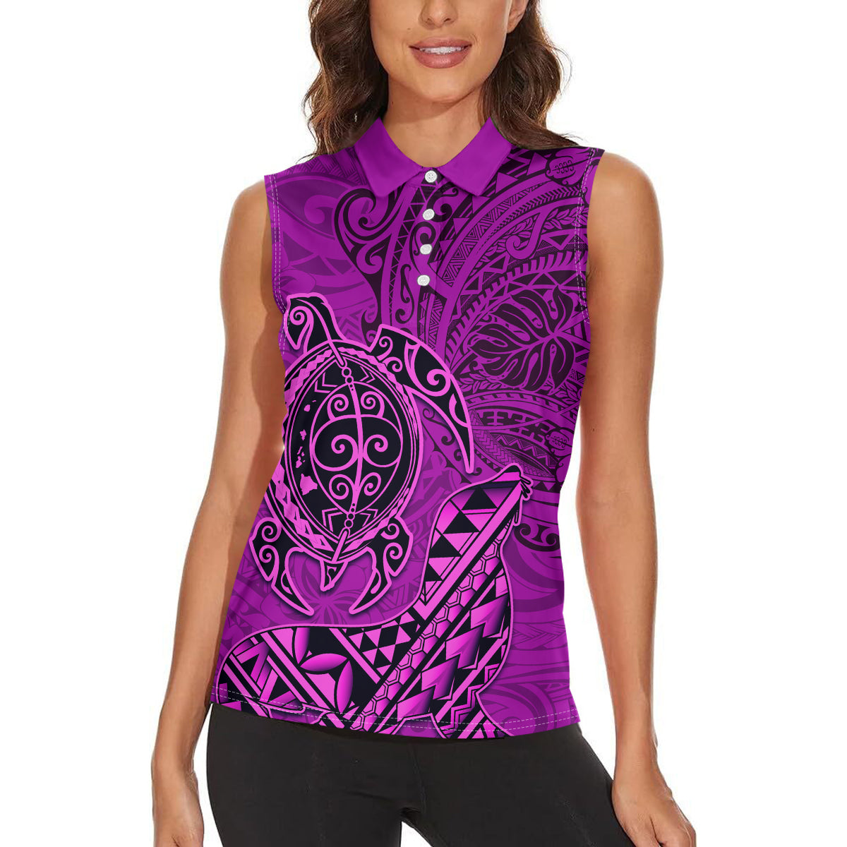 Hawaii Monk Seal and Dolphin Women Sleeveless Polo Shirt Polynesian Kakau Pattern Pink