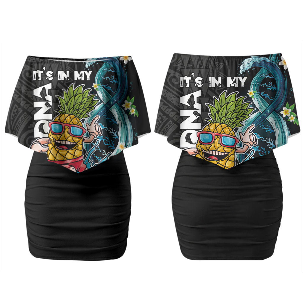 Hawaii Pineapple Surfing Family Matching Off Shoulder Short Dress and Hawaiian Shirt It's in My DNA - Kakau and Polynesian Pattern LT03 Mom's Dress Black - Polynesian Pride