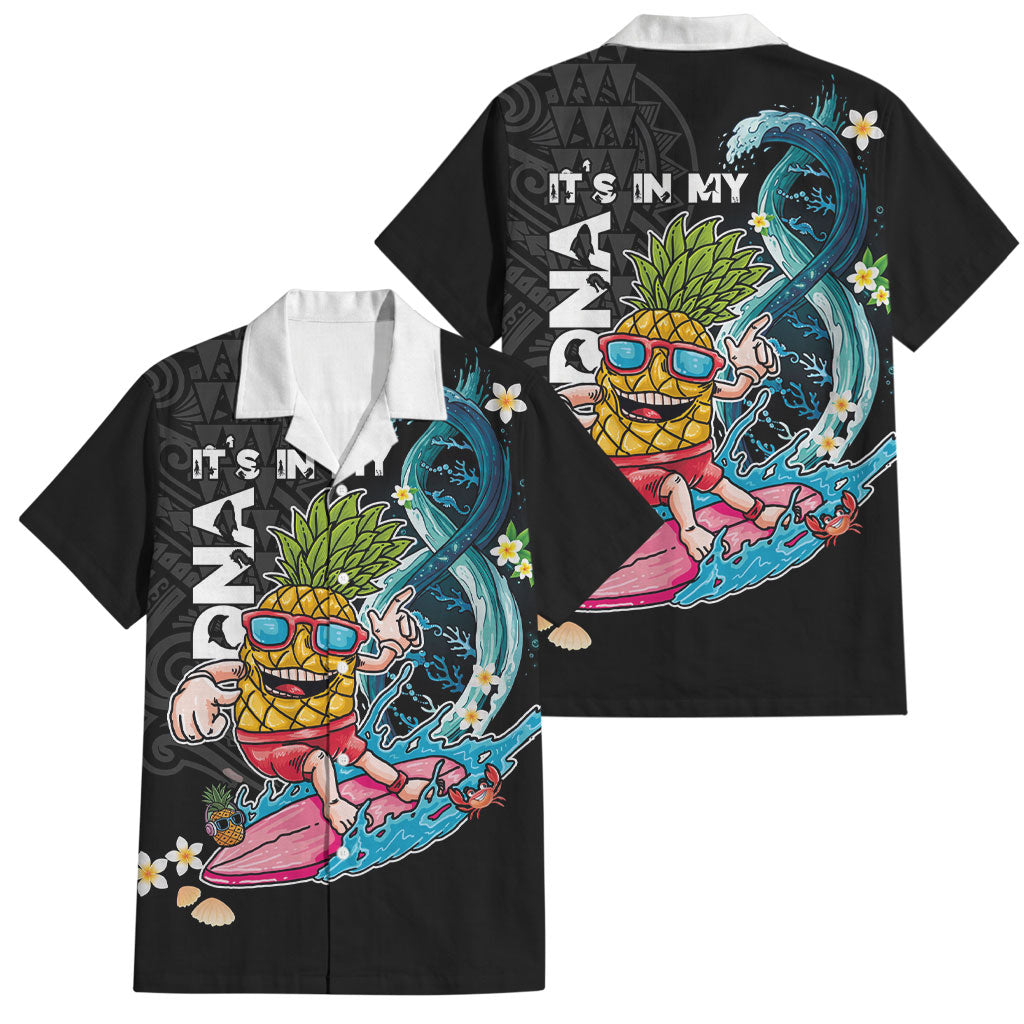 Hawaii Pineapple Surfing Family Matching Off Shoulder Short Dress and Hawaiian Shirt It's in My DNA - Kakau and Polynesian Pattern LT03 Dad's Shirt - Short Sleeve Black - Polynesian Pride