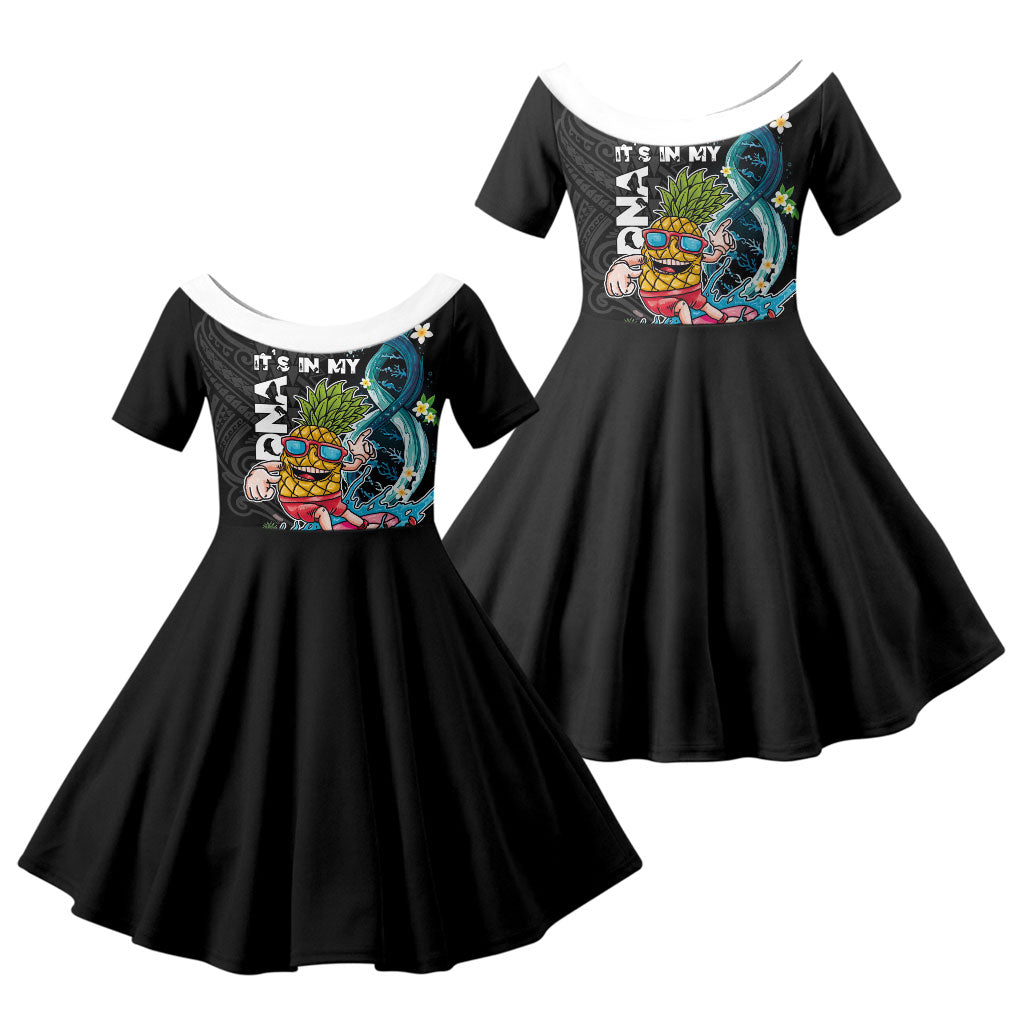 Hawaii Pineapple Surfing Family Matching Off Shoulder Short Dress and Hawaiian Shirt It's in My DNA - Kakau and Polynesian Pattern LT03 Daughter's Dress Black - Polynesian Pride