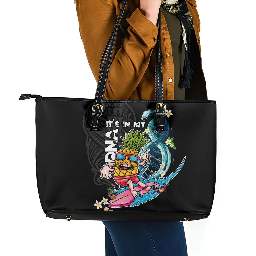 Hawaii Pineapple Surfing Leather Tote Bag It's in My DNA - Kakau and Polynesian Pattern LT03 - Polynesian Pride