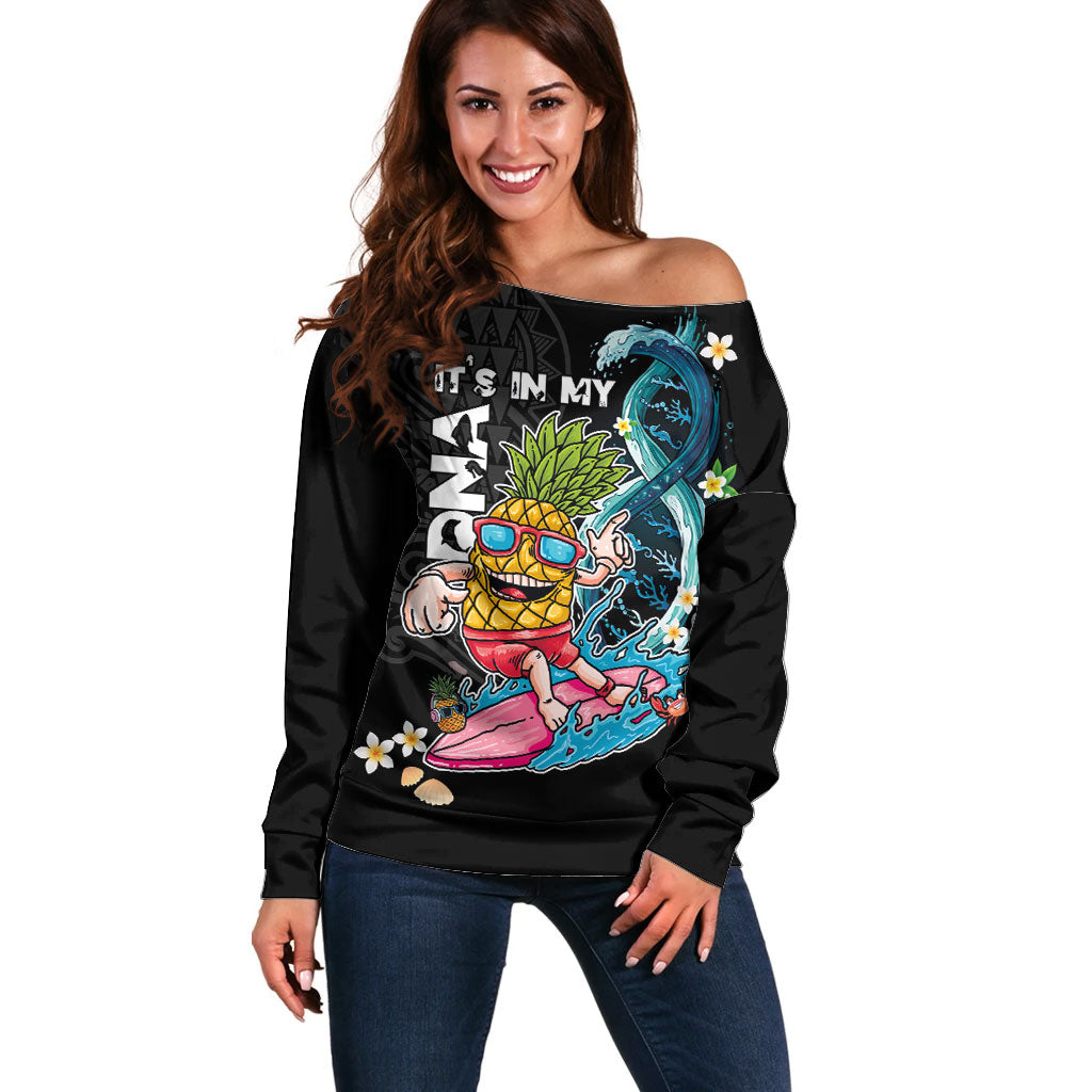 Hawaii Pineapple Surfing Off Shoulder Sweater It's in My DNA - Kakau and Polynesian Pattern LT03 Women Black - Polynesian Pride
