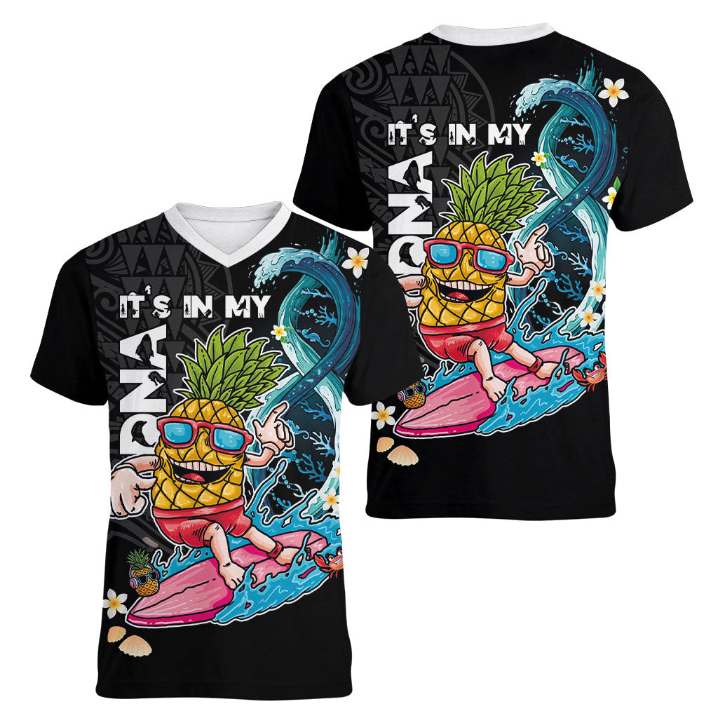 Hawaii Pineapple Surfing Women V-Neck T-Shirt It's in My DNA - Kakau and Polynesian Pattern LT03 - Polynesian Pride