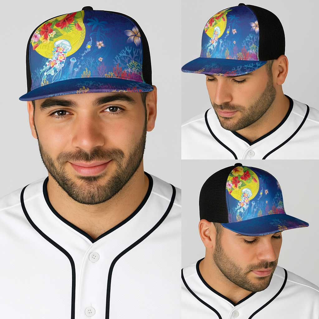 Palau Baseball Net Cap Jellyfish with Coral Reefs Ocean Vibe and Tapa Pattern LT03 - Polynesian Pride