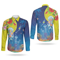 Palau Couples Matching Tank Maxi Dress and Long Sleeve Button Shirt Jellyfish with Coral Reefs Ocean Vibe and Tapa Pattern LT03 - Polynesian Pride