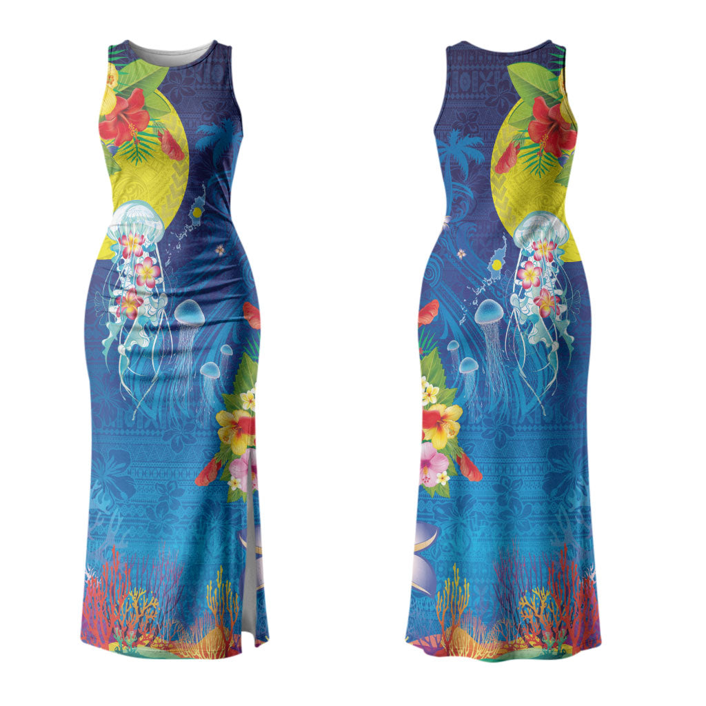 Palau Family Matching Tank Maxi Dress and Hawaiian Shirt Jellyfish with Coral Reefs Ocean Vibe and Tapa Pattern LT03 Mom's Dress Blue - Polynesian Pride