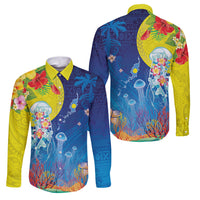 Palau Family Matching Tank Maxi Dress and Hawaiian Shirt Jellyfish with Coral Reefs Ocean Vibe and Tapa Pattern LT03 Dad's Shirt - Long Sleeve Blue - Polynesian Pride