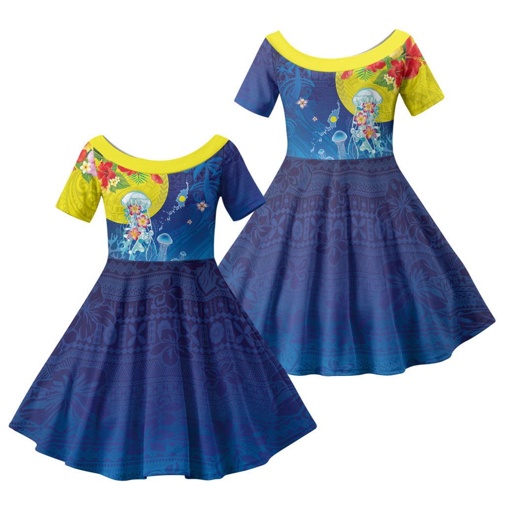 Palau Family Matching Tank Maxi Dress and Hawaiian Shirt Jellyfish with Coral Reefs Ocean Vibe and Tapa Pattern LT03 Daughter's Dress Blue - Polynesian Pride