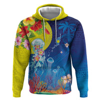 Palau Hoodie Jellyfish with Coral Reefs Ocean Vibe and Tapa Pattern LT03 Pullover Hoodie Blue - Polynesian Pride