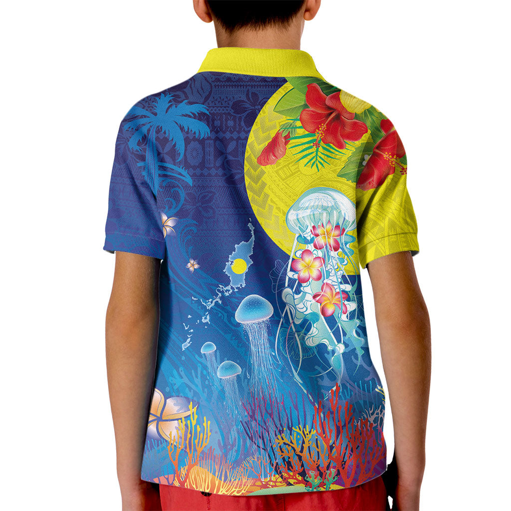 Palau Kid Polo Shirt Jellyfish with Coral Reefs Ocean Vibe and Tapa Pattern LT03 - Polynesian Pride