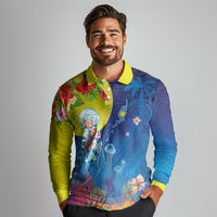 Palau Long Sleeve Polo Shirt Jellyfish with Coral Reefs Ocean Vibe and Tapa Pattern LT03 - Polynesian Pride