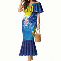 Palau Mermaid Dress Jellyfish with Coral Reefs Ocean Vibe and Tapa Pattern LT03 Women Blue - Polynesian Pride
