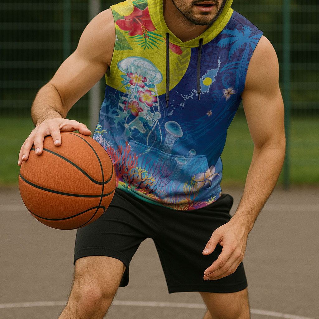 Palau Sleeveless Hoodie Jellyfish with Coral Reefs Ocean Vibe and Tapa Pattern LT03 - Polynesian Pride