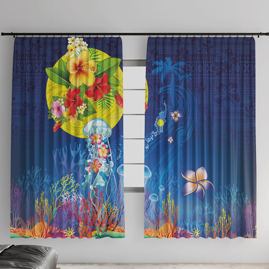 Palau Window Curtain Jellyfish with Coral Reefs Ocean Vibe and Tapa Pattern LT03 With Hooks Blue - Polynesian Pride