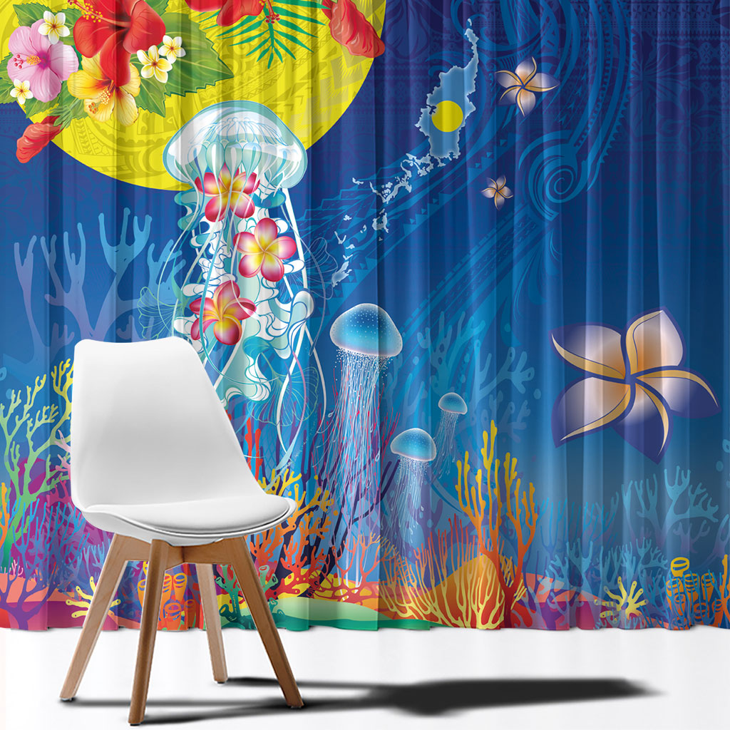Palau Window Curtain Jellyfish with Coral Reefs Ocean Vibe and Tapa Pattern LT03 - Polynesian Pride
