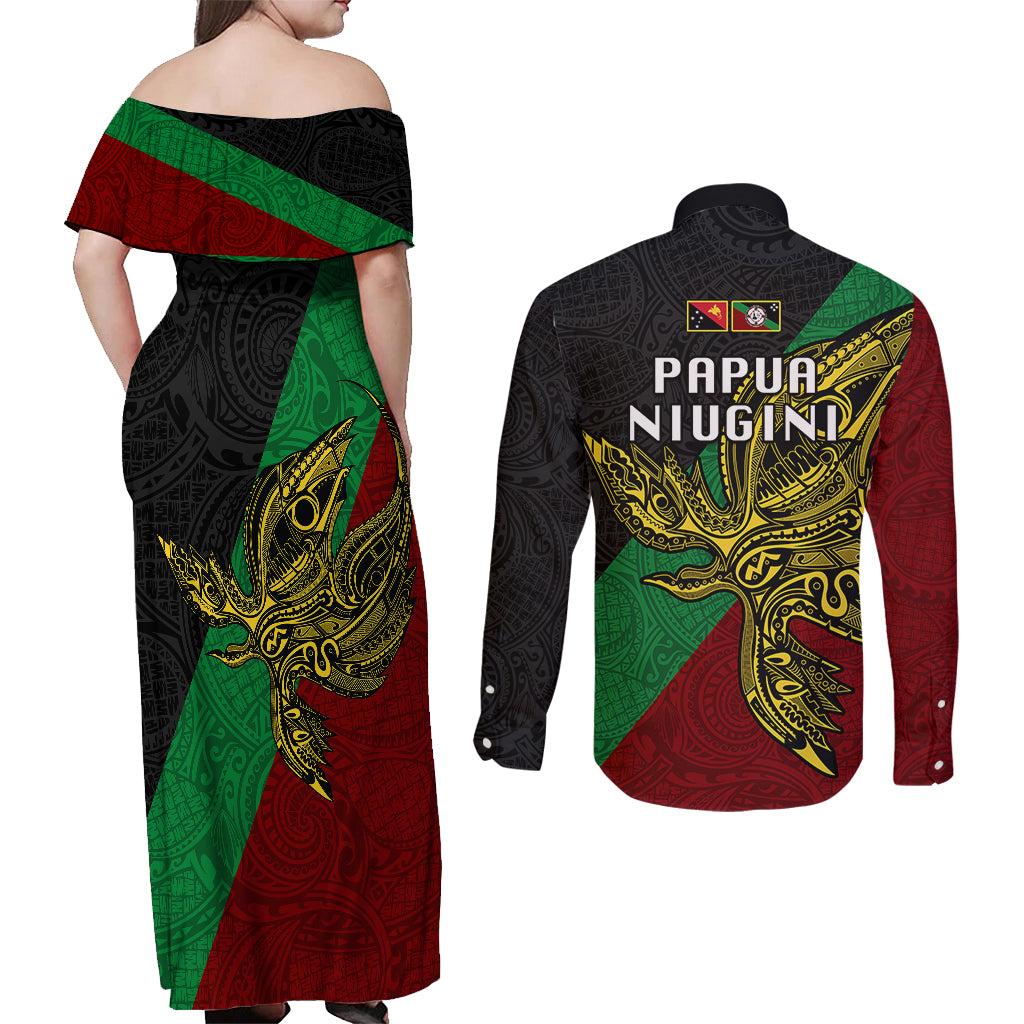 Papua New Guinea East New Britain Province Couples Matching Off Shoulder Maxi Dress and Long Sleeve Button Shirts PNG Birds Of Paradise Polynesian Arty Style LT03 - Polynesian Pride
