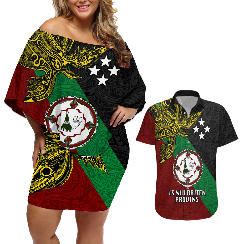 Papua New Guinea East New Britain Province Couples Matching Off Shoulder Short Dress and Hawaiian Shirt PNG Birds Of Paradise Polynesian Arty Style LT03 Green - Polynesian Pride