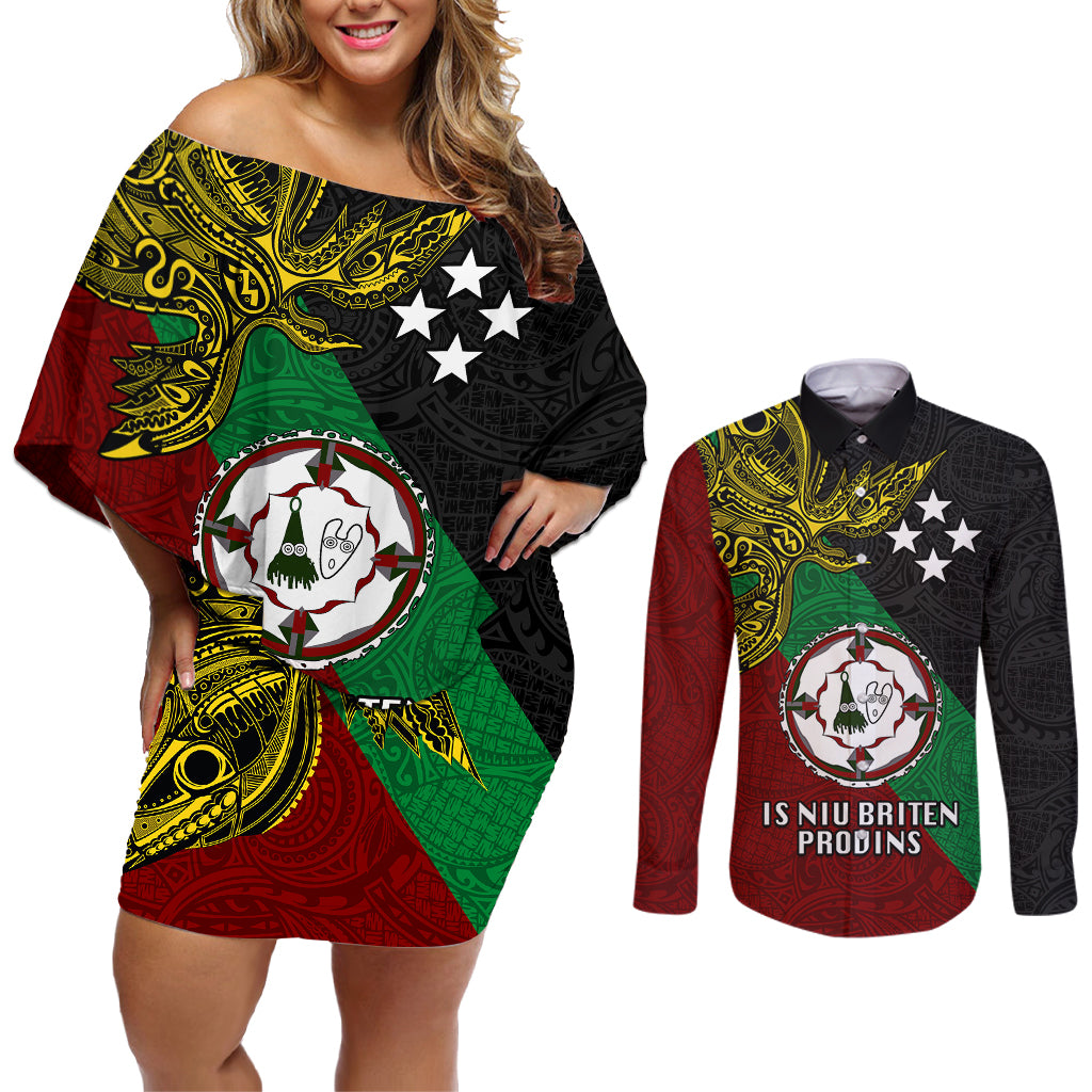 Papua New Guinea East New Britain Province Couples Matching Off Shoulder Short Dress and Long Sleeve Button Shirts PNG Birds Of Paradise Polynesian Arty Style LT03 Green - Polynesian Pride