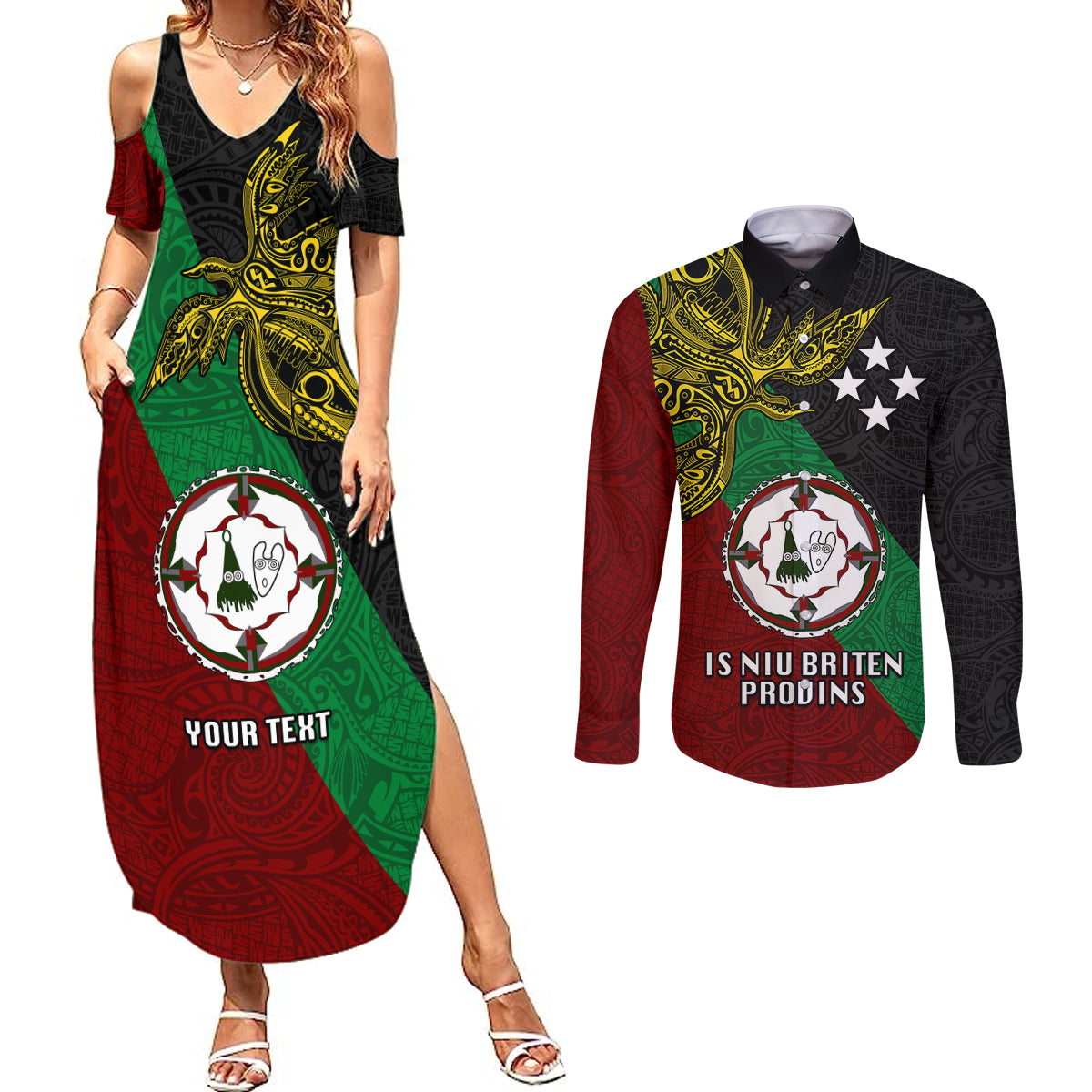 Custom Papua New Guinea East New Britain Province Couples Matching Summer Maxi Dress and Long Sleeve Button Shirts PNG Birds Of Paradise Polynesian Arty Style LT03 Green - Polynesian Pride