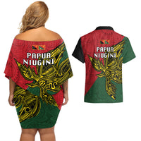 Papua New Guinea East Sepik Province Couples Matching Off Shoulder Short Dress and Hawaiian Shirt PNG Birds Of Paradise Polynesian Arty Style LT03 - Polynesian Pride