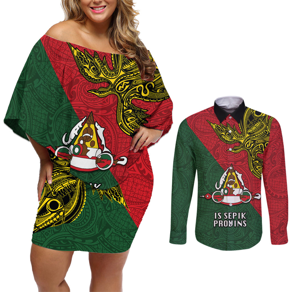 Papua New Guinea East Sepik Province Couples Matching Off Shoulder Short Dress and Long Sleeve Button Shirts PNG Birds Of Paradise Polynesian Arty Style LT03 Green - Polynesian Pride