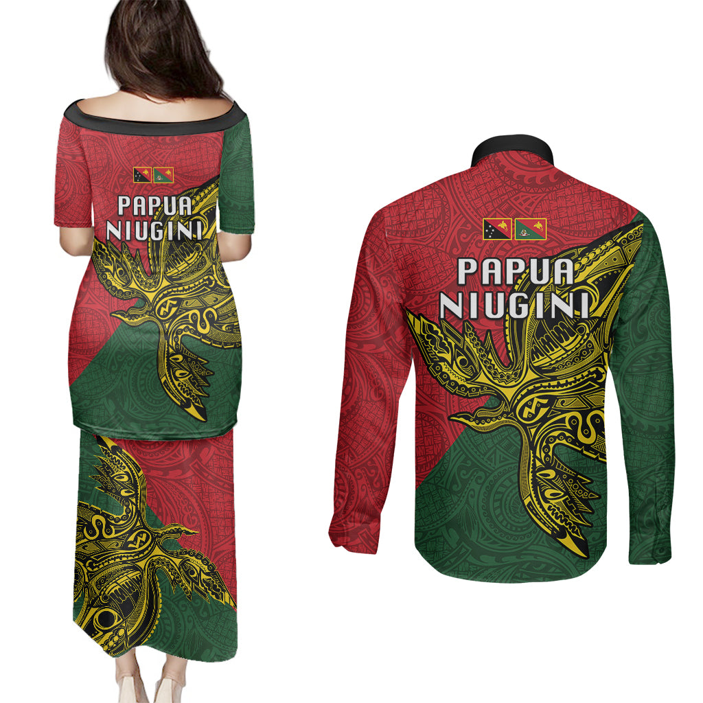 Papua New Guinea East Sepik Province Couples Matching Puletasi Dress and Long Sleeve Button Shirts PNG Birds Of Paradise Polynesian Arty Style LT03 - Polynesian Pride