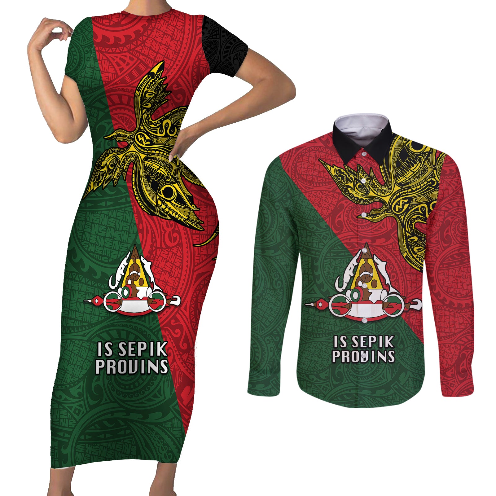 Papua New Guinea East Sepik Province Couples Matching Short Sleeve Bodycon Dress and Long Sleeve Button Shirts PNG Birds Of Paradise Polynesian Arty Style LT03 Green - Polynesian Pride