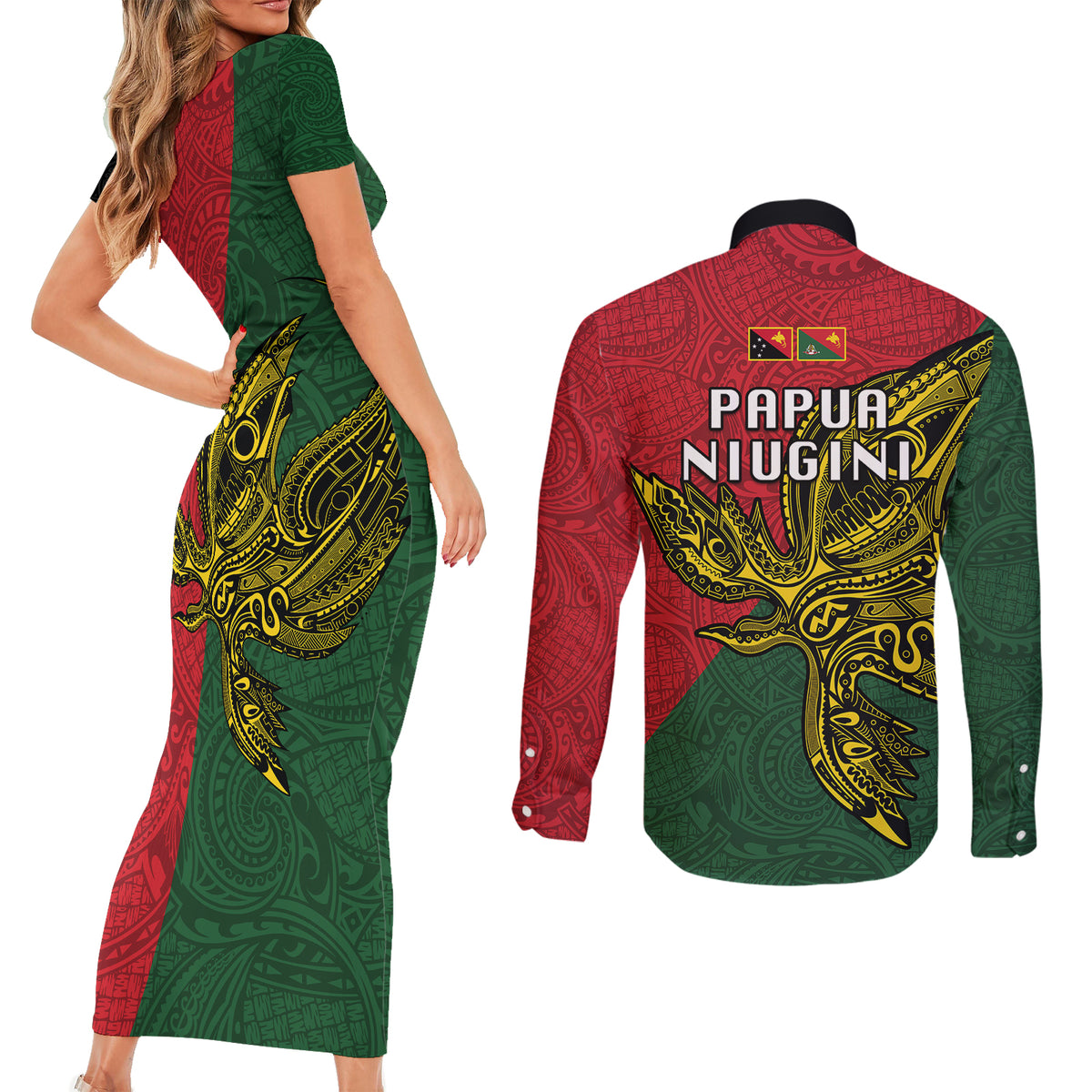Papua New Guinea East Sepik Province Couples Matching Short Sleeve Bodycon Dress and Long Sleeve Button Shirts PNG Birds Of Paradise Polynesian Arty Style LT03 - Polynesian Pride