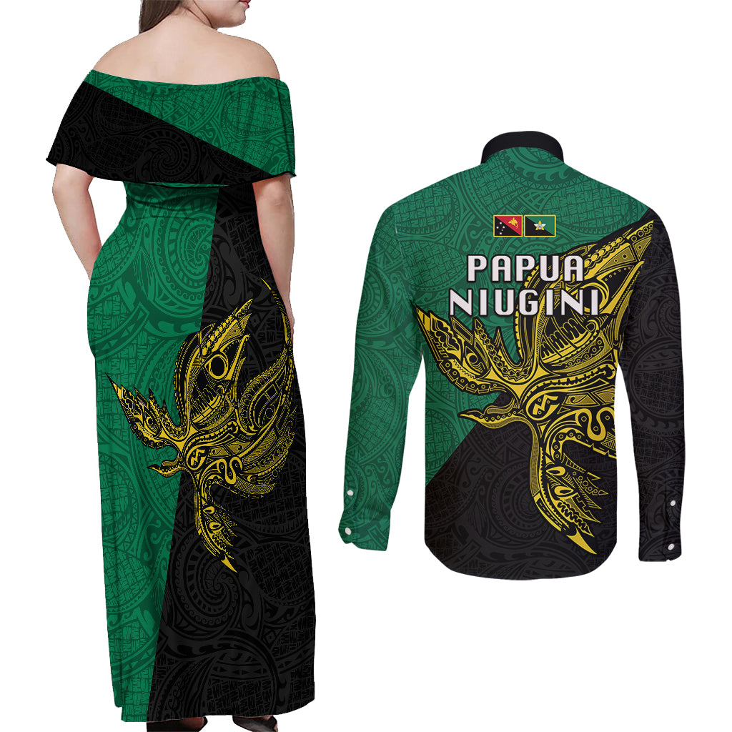 Papua New Guinea Enga Province Couples Matching Off Shoulder Maxi Dress and Long Sleeve Button Shirts PNG Birds Of Paradise Polynesian Arty Style LT03 - Polynesian Pride