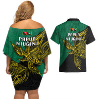 Papua New Guinea Enga Province Couples Matching Off Shoulder Short Dress and Hawaiian Shirt PNG Birds Of Paradise Polynesian Arty Style LT03 - Polynesian Pride