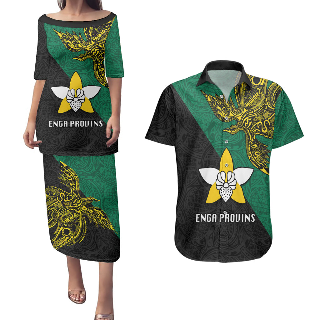 Papua New Guinea Enga Province Couples Matching Puletasi Dress and Hawaiian Shirt PNG Birds Of Paradise Polynesian Arty Style LT03 Green - Polynesian Pride