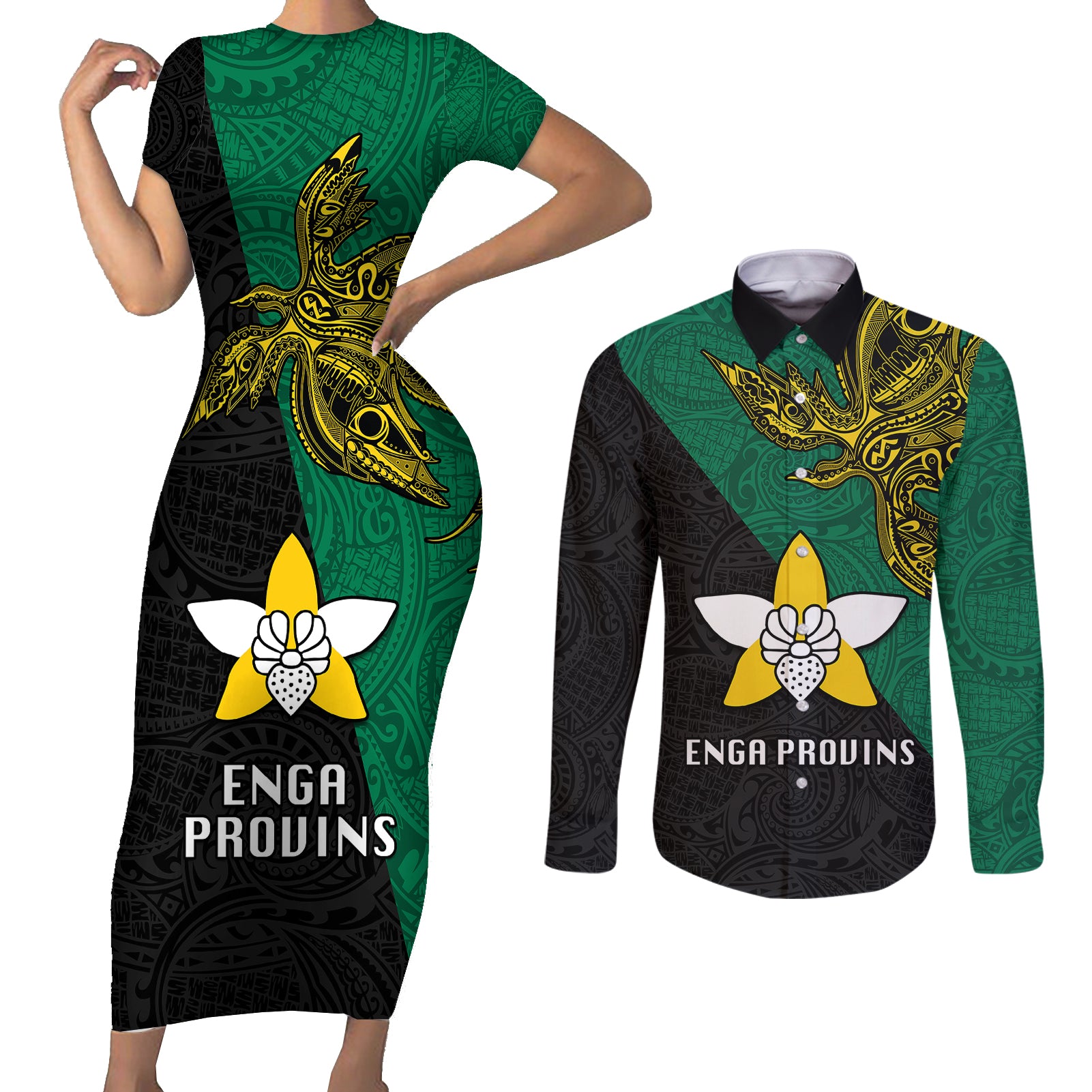 Papua New Guinea Enga Province Couples Matching Short Sleeve Bodycon Dress and Long Sleeve Button Shirts PNG Birds Of Paradise Polynesian Arty Style LT03 Green - Polynesian Pride