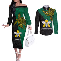 Custom Papua New Guinea Enga Province Couples Matching Off The Shoulder Long Sleeve Dress and Long Sleeve Button Shirts PNG Birds Of Paradise Polynesian Arty Style LT03 Green - Polynesian Pride