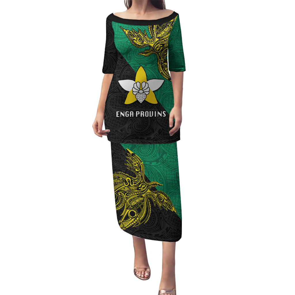 Custom Papua New Guinea Enga Province Puletasi PNG Birds Of Paradise Polynesian Arty Style LT03 Long Dress Green - Polynesian Pride