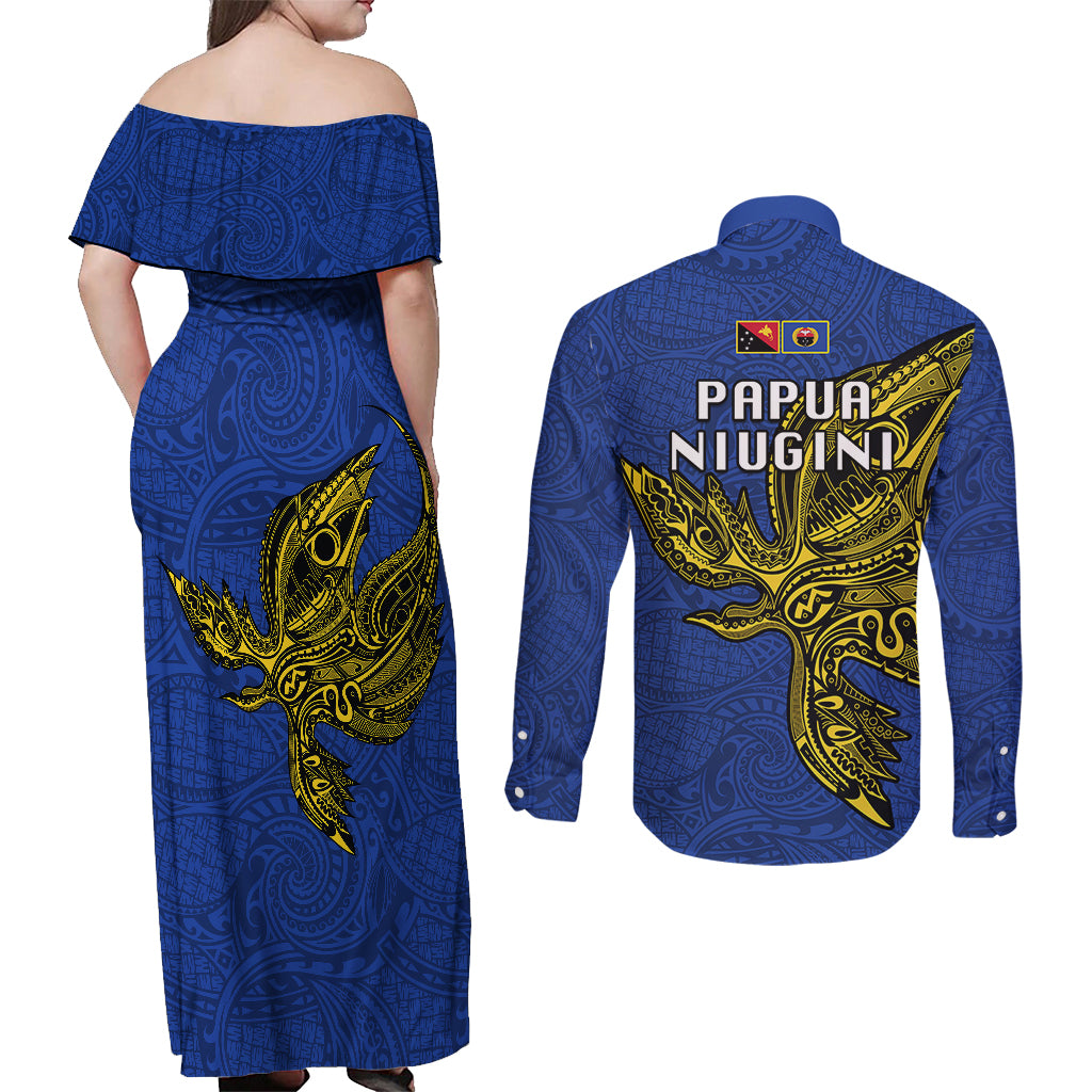 Papua New Guinea Gulf Province Couples Matching Off Shoulder Maxi Dress and Long Sleeve Button Shirts PNG Birds Of Paradise Polynesian Arty Style LT03 - Polynesian Pride
